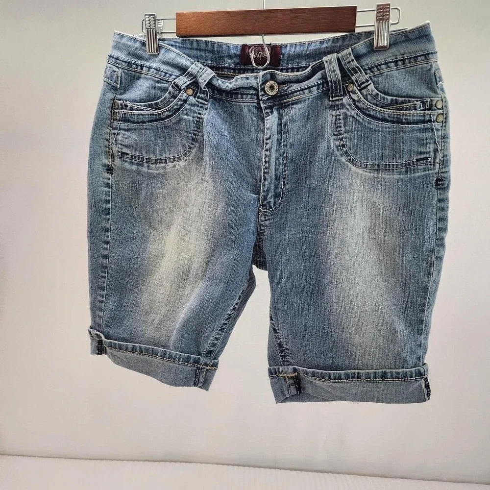 Angels Jeans Y2K Denim Bermuda Shorts 14 Light Wash Cuffed Jorts Flap Pockets